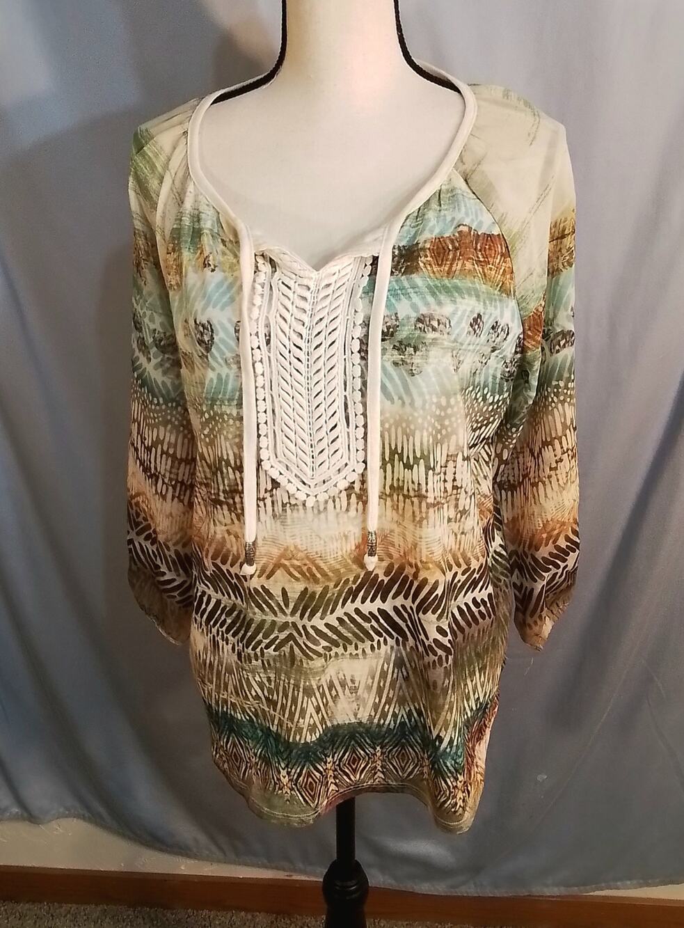 Chico's Boho Blouse earthy tones of turquoise and golden browns